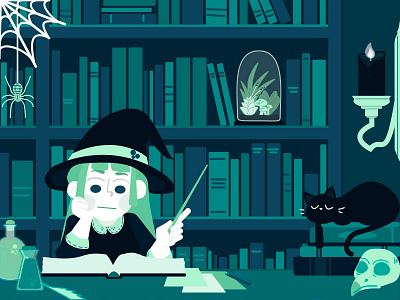 The Studious Witch books cat desk plants skull witch