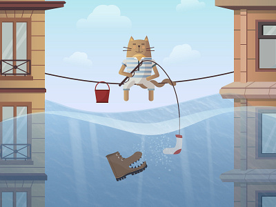 Fishing Gone Wrong building cat character design sea water