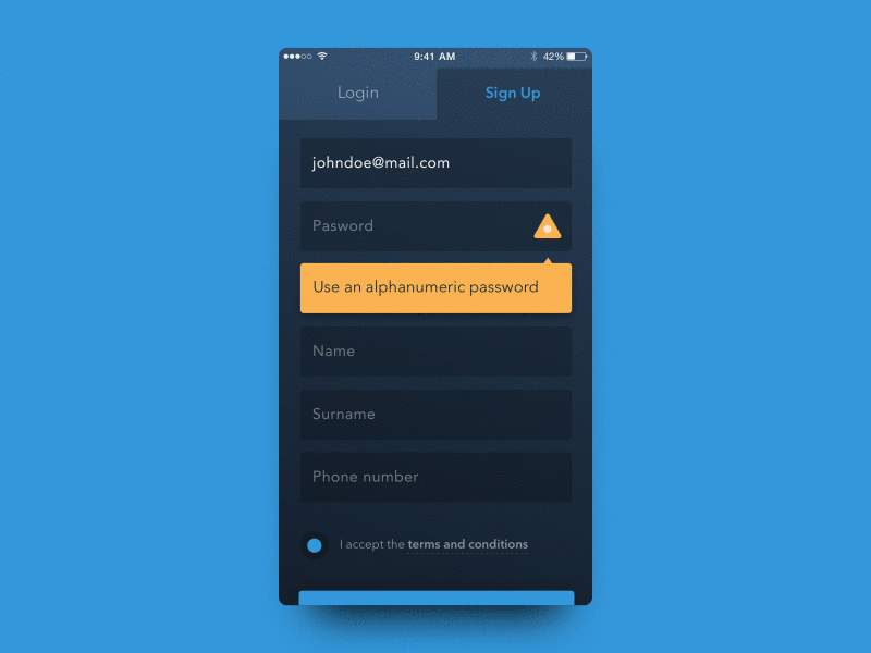 Recover, SignUp & Terms animation app form interaction password recover signup terms ui