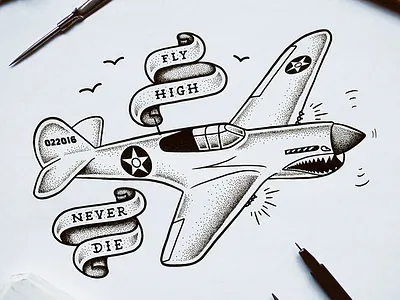 Fly High. Never Die. banner drawing flying tiger illustration nicholas moegly plane stippling tattoo traditional