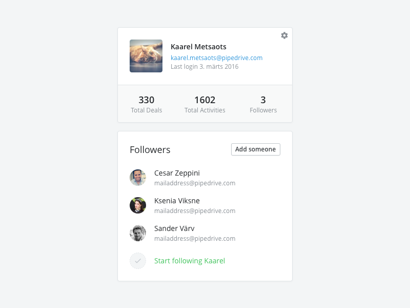 Example of User Card & Followers