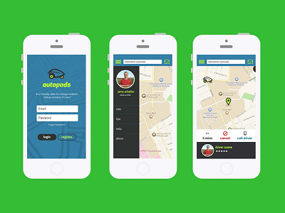 Autopods App UI Design app design autopods eco friendly green green taxi green transportation logo pedicabs typography ui design word mark