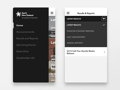 Investors Centre Navigations - Mobile Application application design dropdown investment menu mobile share price side ui