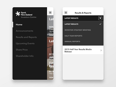Investors Centre Navigations - Mobile Application application design dropdown investment menu mobile share price side ui