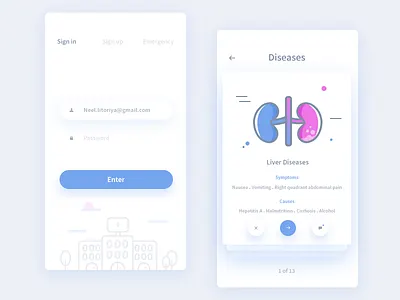 Sign in + Diseases screens from medical app app disease doctor emergency kidney patient signin signup symptom ui
