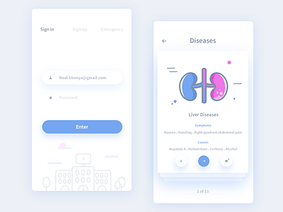 Sign in + Diseases screens from medical app app disease doctor emergency kidney patient signin signup symptom ui