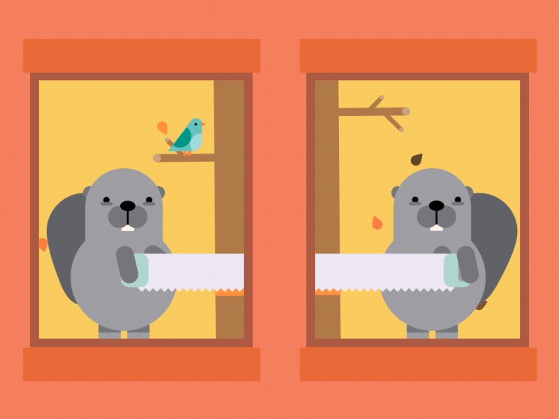 Choppin' Beavers 2d autumn beavers birds building chopping cute funny leaves saw window wood