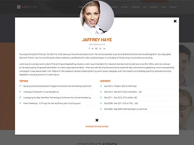 Speaker Profile in Lightbox. conference event lightbox meeting meetup organization pop up speaker