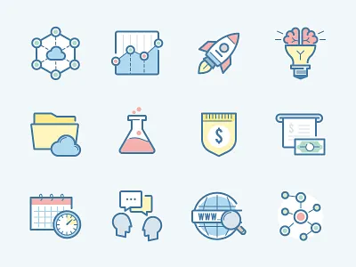 webina: working on finishing this set analytics brainstorming cloud communication folder icons launch rocket share startup