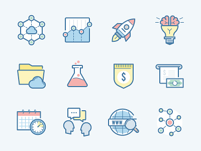 webina: working on finishing this set analytics brainstorming cloud communication folder icons launch rocket share startup