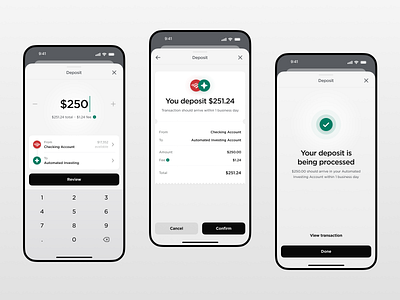 Deposit funds bank check confirm contribute deposit design done finance fintech fund interaction light modal receipt review success summary ui ux white