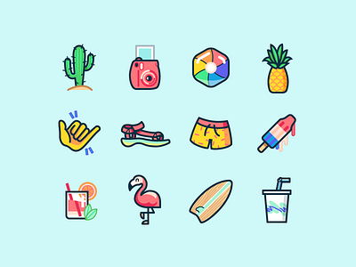 Summer illustrations america beachball cactus flamingo icons illustrations pineapple popsicle shorts summer surf teva