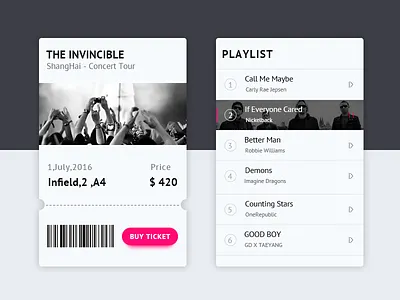 White&black music interface interface music playlist ticket