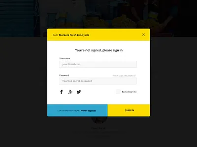 www.LokalEat.com Popup Sign In blue facebook form log in lokaleat popup register sign in twittter yellow