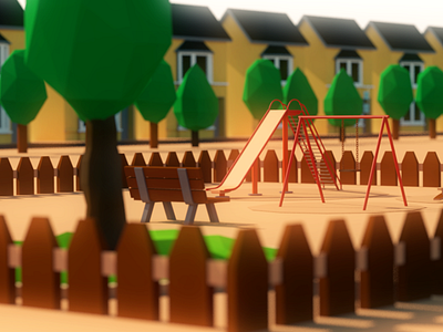 Kindergarten 3d modeling c4d house lowpoly trees