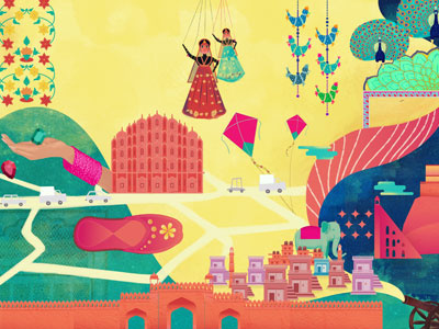 Jaipur Illustration Namaste Dribbble editorial illustration itc jaipur jantar mantar kites namaste peacock pink rajasthan trinkets