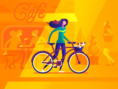 July bike cafe dog flat girl illustration street summer