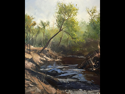 Down by the Creek creek illlustration impressionism landscape oil painting plein air realisism representational trees