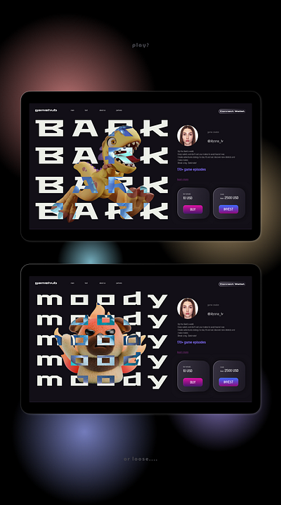 pages for "game hub" 3d logo ui ux website