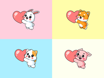 Animal Love 🐰 🐶 ❤️ 🐱 🐷 adorable animal cartoon character cute happy heart illustration kids logo love mascot valentine