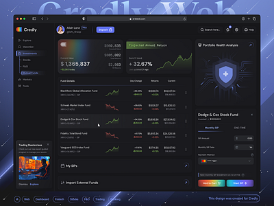 🤑Credly - Investments Page - Fintech Dashboard ai application banking charts crypto web dark theme dashboard ecommerce dashboard finance finance dashboard fintech dashboard fintech web investments page markets page stocks trading trading exchange ui web design web3