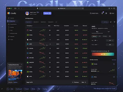 🤑Credly - Watchlist - Fintech Dashboard ai application banking charts crypto dark theme dashboard ecommerce finance finance dashboard fintech dashboard fintech web investments page markets page stocks trading trading exchange ui web design web3