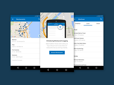Restaurant Logging on Android android interstitial list map material menu pin restaurant tabs