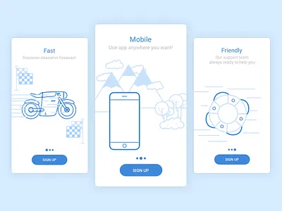 Onboarding Screens android blue fast friendly graphic icon illustration intro ios mobile outline welcome screen