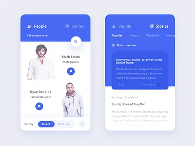 people + story screen app chat filter news people popular recent search sort stories story ui