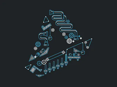 Rube Goldberg Logo Treatment contraption counterweight finish flag gears pipes valves