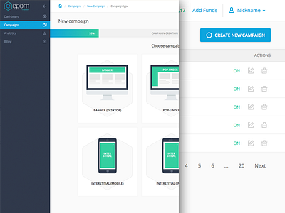 Epom Self-serve admin button control icons navigation progress table tool