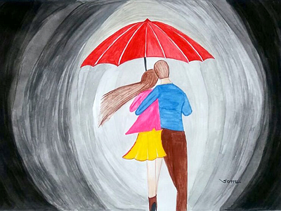 Romance in the Air - Handmade & Original Painting art artist best couple famous india love painting romance sonal umbrella water colors