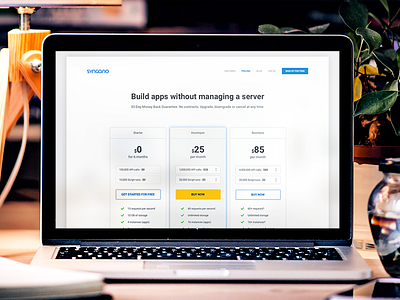 Syncano's pricing page blue clean flat landing minimalistic money page pricing page syncano website white yellow