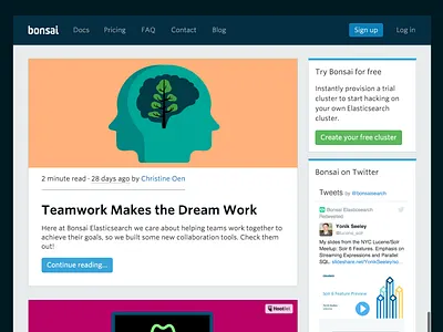 Bonsai-Elasticsearch Blog blog blog design bonsai branding css elastic search illustration one more cloud web design