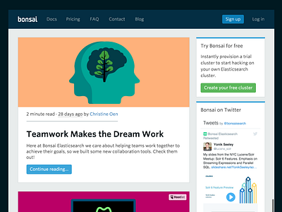 Bonsai-Elasticsearch Blog blog blog design bonsai branding css elastic search illustration one more cloud web design