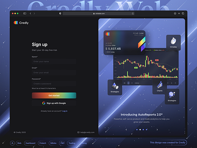 🤑Credly - Onboarding/Signup - Fintech Dashboard ai dashboard application banking dashboard charts crypto dashboard dark theme dashboard ecommerce dashboard finance finance dashboard fintech dashboard fintech web landing page log in sign up stocks trading trading exchange web design web3 dashboard