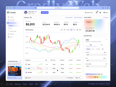 🤑Credly - Investments/Stocks - Fintech Dashboard ai application banking charts crypto dark theme dashboard ecommerce finance finance dashboard fintech dashboard fintech web investments page markets page stocks trading trading exchange ui web design web3