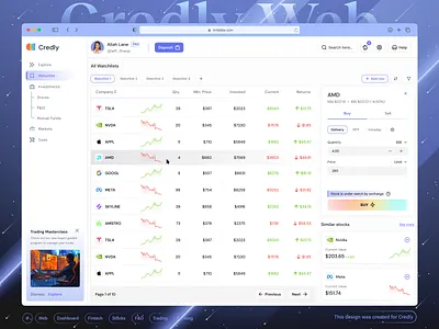 🤑Credly - Watchlist - Fintech Dashboard ai akshay hooda application banking charts crypto dashboard ecommerce finacne dashboard finance fintech dashboard fintech web light theme stocks trading trading exchange ui watchlist web design web3