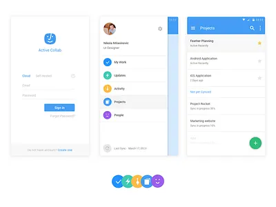 Active Collab Android Application activecollab application color flat icon material mobile project list sidebar sign in ui ux