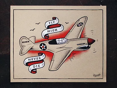 Fly High. Never Die. Screen Print banner flash illustration nicholas moegly plane screen print stippling tattoo traditional