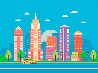 City building car city flat house illustration megapolis new york road street trees