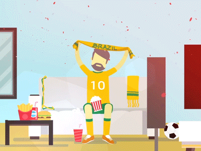 Happy fan ball brazil celebration character design flat food scarf simple soccer tv win