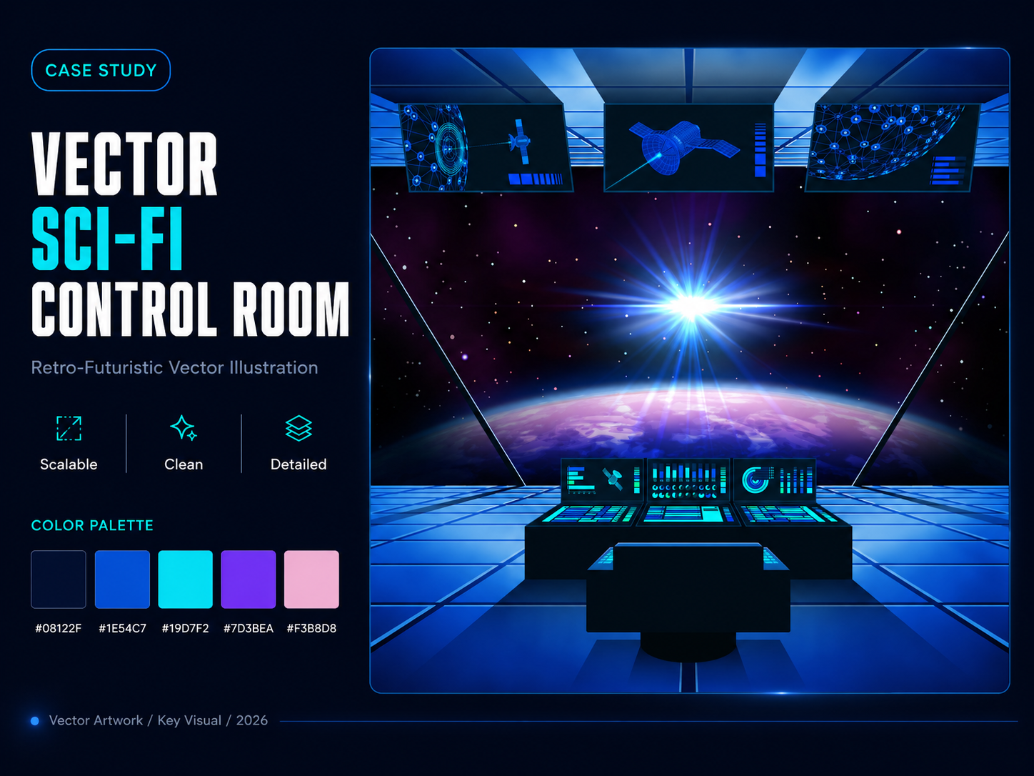 100% Vector Sci-Fi Control Room Illustration cinematic command control cosmic dashboard futuristic horizon interface monitor neon orbit outer space planet retrofuturistic scalable scifi space spaceship sun vector