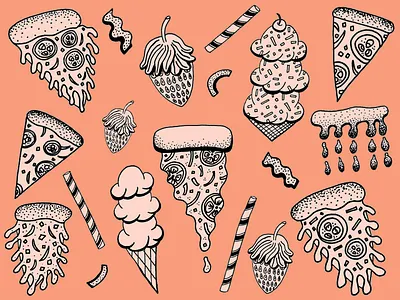 Snacks crinkle fries hand drawn ice cream photoshop pizza snacks strawberries straws