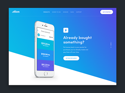 Product page exploration affirm animation blue button gradient icon iphone mobile slider ui web