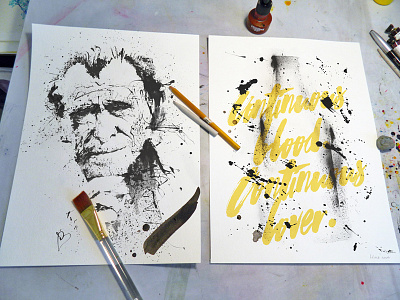 charles bukowski beer bottle brush bukowski charles drawing ink portrait splash splatter typography