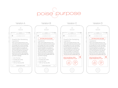 Poise & Purpose Split Testing interface design marketing mobile poise and purpose sales split test test testing user engagement user experience variations