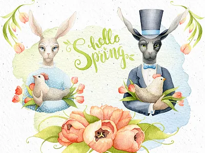 Hello Spring design elements easter flower bouquet hare illustration rabbit spring tulips watercolor
