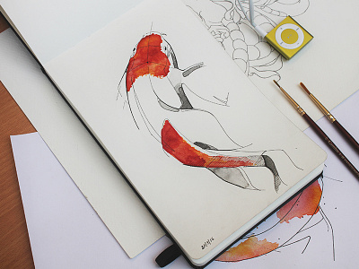 Koi Fish black brush fish ipod japanese moleskin paint red sketch watercolour white yellow