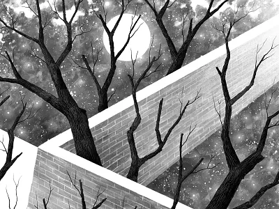 Poster (crop) cosmos greyscale illustration moon nature trees universe wall
